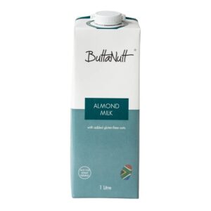 1 liter carton of Almond Milk by ButtaNutt white and teal packaging with a screw cap notes not for infant feeding and a South Africa flag emblem on the lower teal half