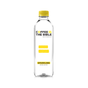 CTBWaterSPARKLING500mlnewpng Coffee the Bible Clear bottle of sparkling spring water with a yellow cap and the label Coffee The Bible Movement on the front
