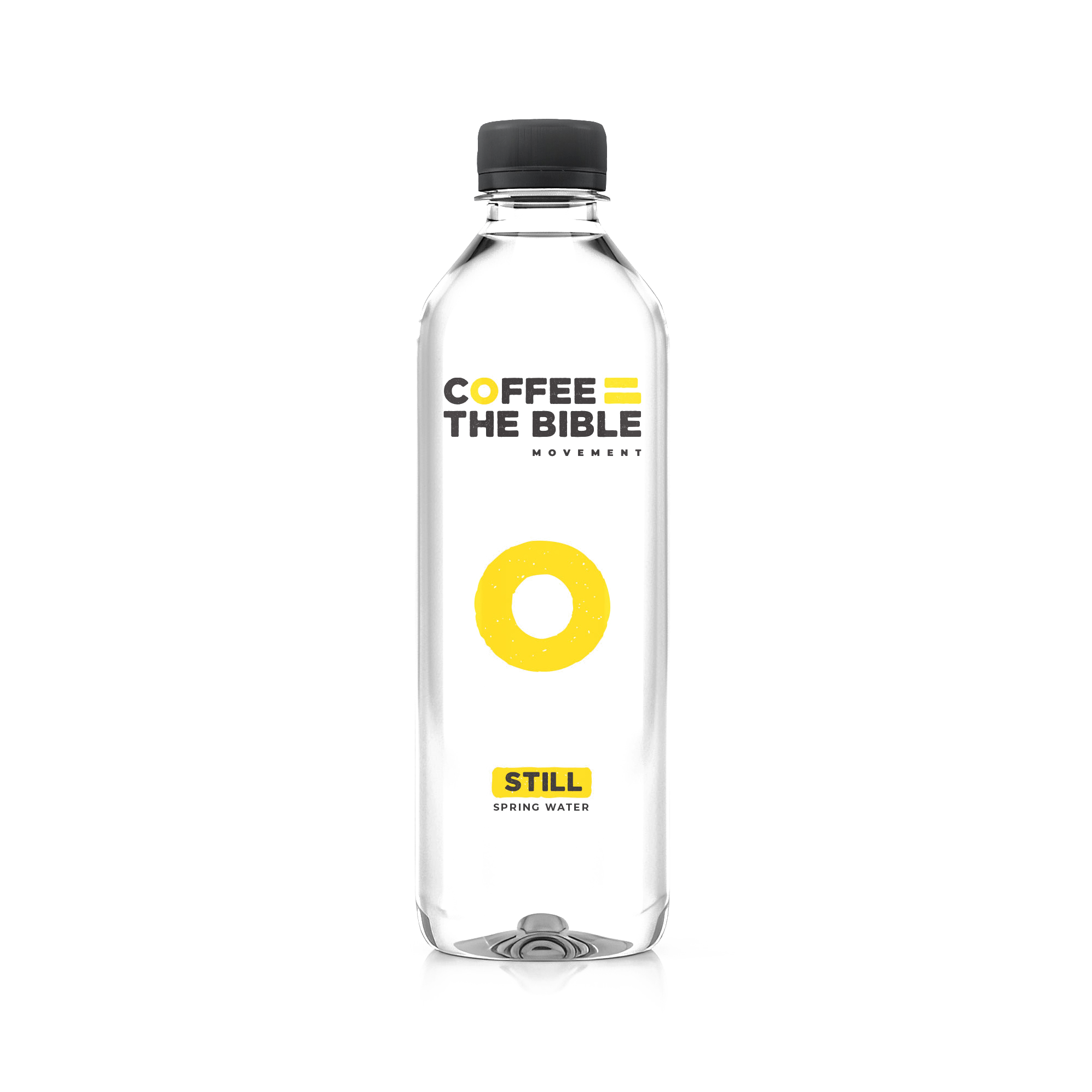CTBWaterSTILL500mlnewpng Coffee the Bible Transparent Still water bottle with black cap label reads COFFEE THE BIBLE MOVEMENT and a yellow circular graphic