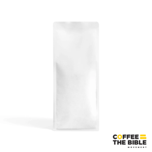 CTBWholesaleCoffeepng Coffee the Bible Plain white standing bag on white background with Coffee The Bible Movement logo in the bottom right corner