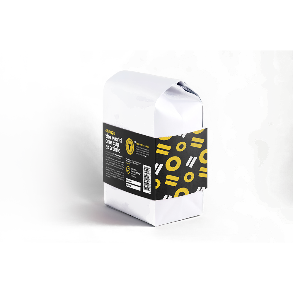 Coffee1kgDecafpng Coffee the Bible White cardboard package with a black label wrapped around the middle featuring yellow geometric shapes on a dark band and a white topbottom