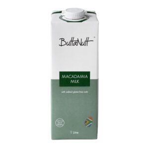 ButtaNutt Macadamia Milk carton white and green 1 litre with brand and green label reading MACADAMIA MILK