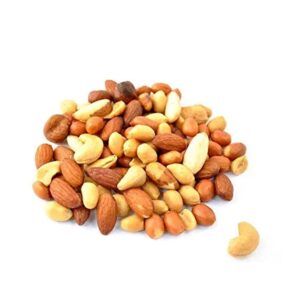 Pile of mixed roasted nuts including almonds cashews and peanuts on a white background