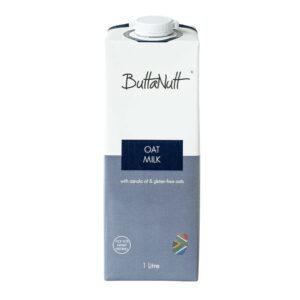 1-liter carton of oat milk with white upper half and blue-gray lower half, labeled 'OAT MILK'.