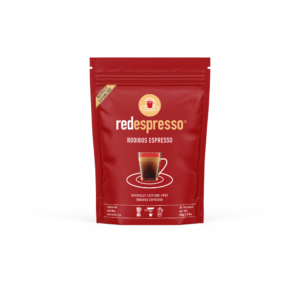 Redespresso Rooibos Espresso bag in red with coffee cup logo; package standing upright, product name visible: Rooibos Espresso, naturally caffeine-free