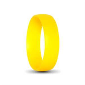 Bright yellow circular ring standing upright on a white background with a soft shadow.