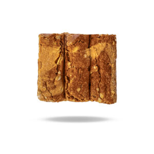 Granola bar close up showing oats and nuts in a crunchy bar