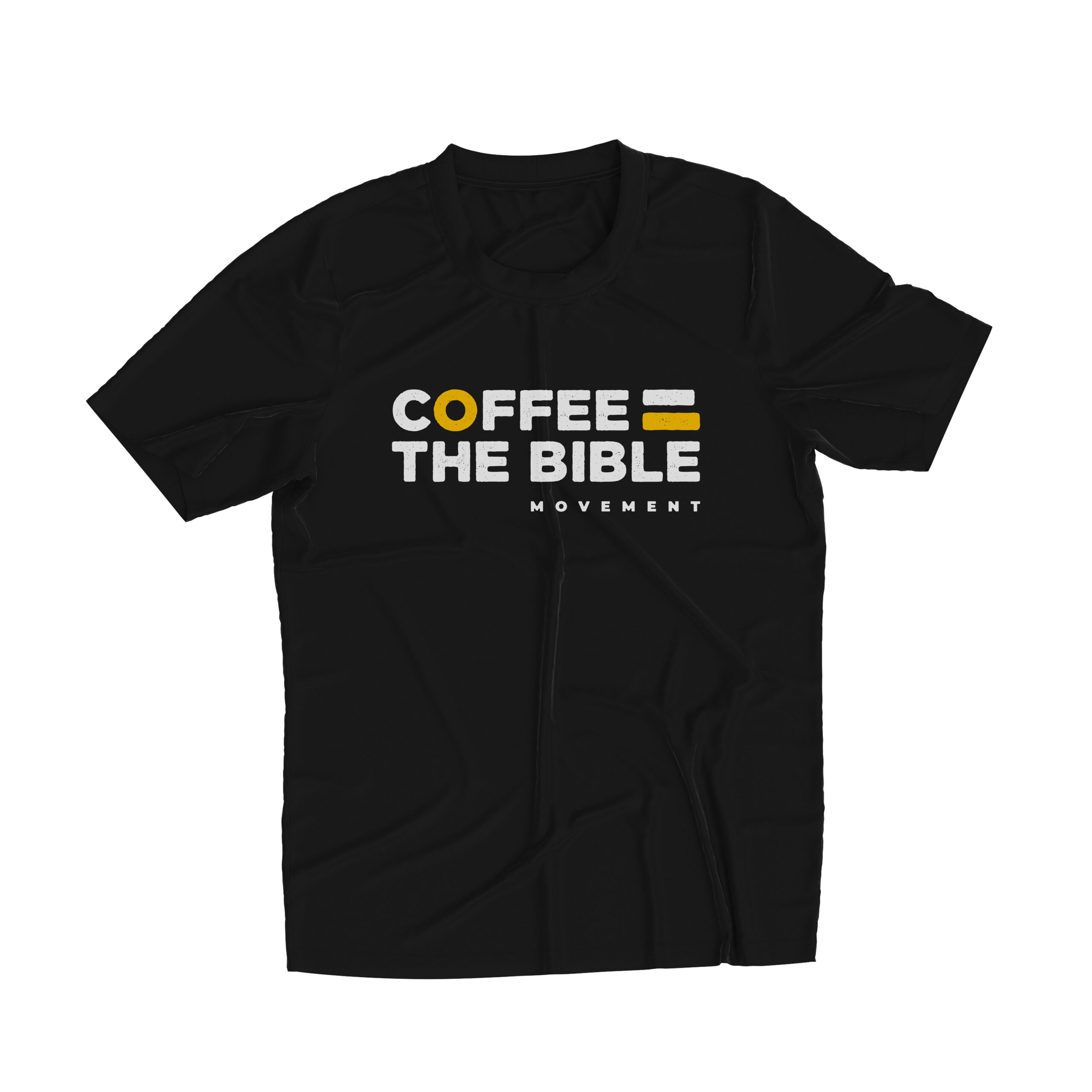 Black T shirt with bold white text reading COFFEE yellow accent THE BIBLE and MOVEMENT underneath
